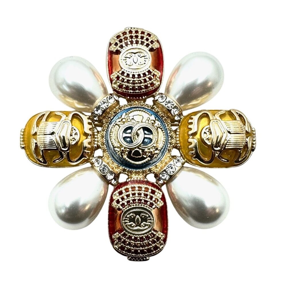 Multicolor Maltese Cross Brooch Pin Gold Tone Faux Pearl Enamel Scarab 2.5" New